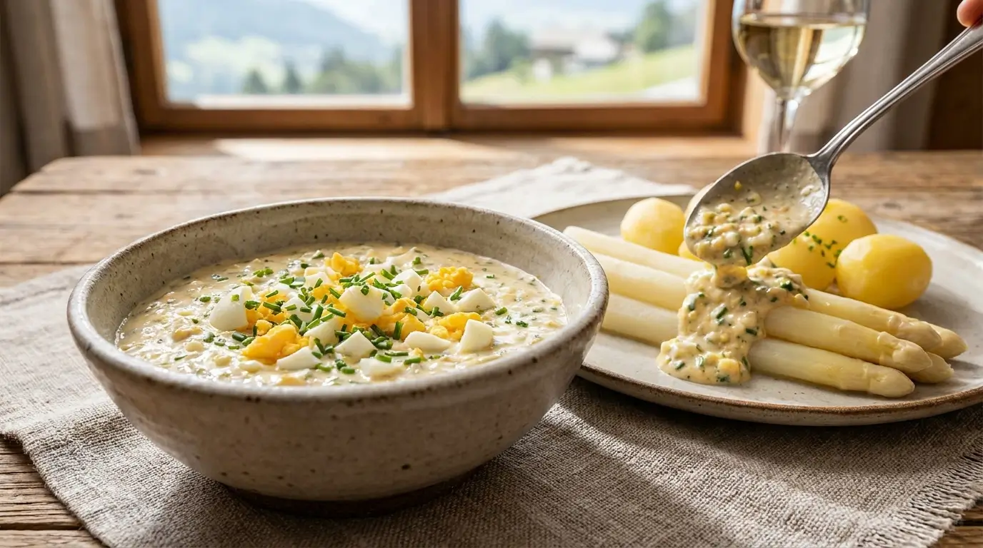 Bozner Sauce mit Spargel und Schnittlauch traditionelle Südtiroler Kaltsauce
