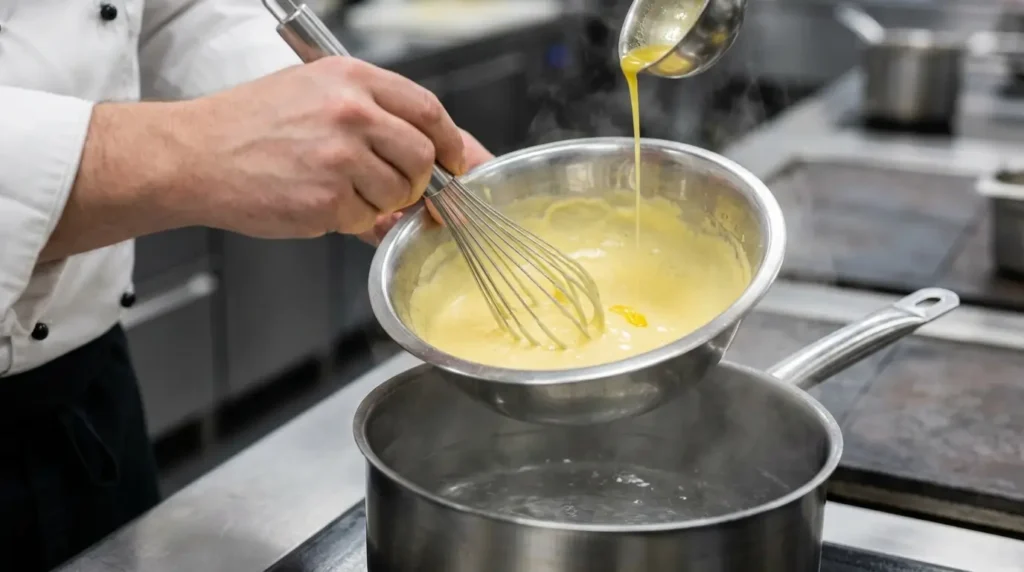 Sauce Hollandaise im Wasserbad mit Schneebesen zubereiten