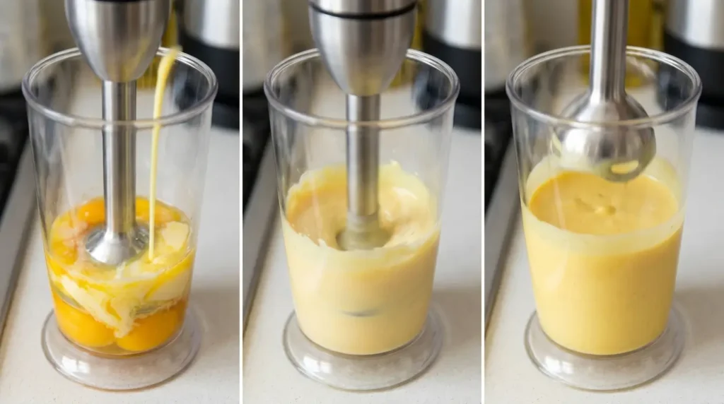 Stabmixer emulgiert heiße Butter mit Eigelb für Hollandaise