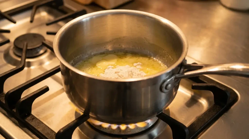 Zubereitung von Hollandaise ohne Ei im Topf mit Schneebesen