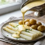 Sauce Hollandaise ohne Ei cremig über Spargel serviert