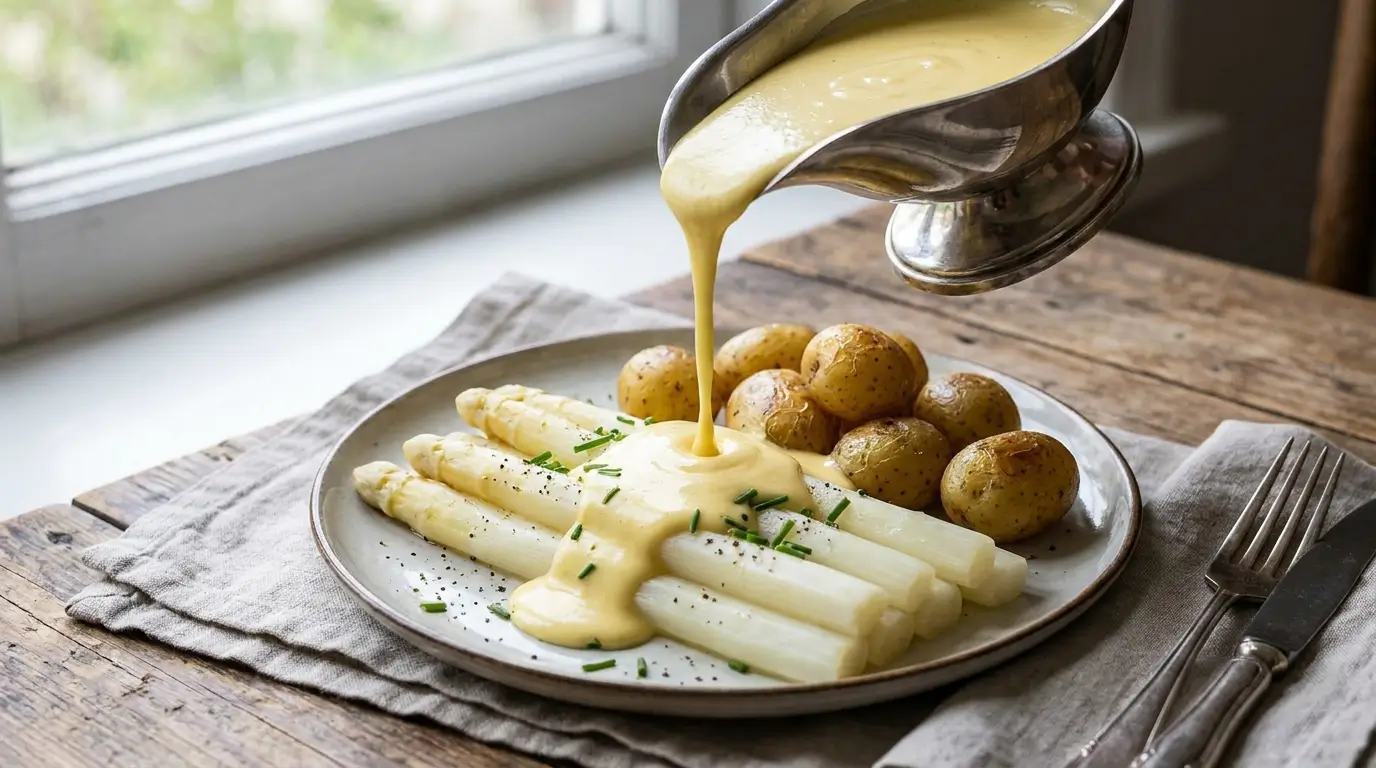 Sauce Hollandaise ohne Ei cremig über Spargel serviert