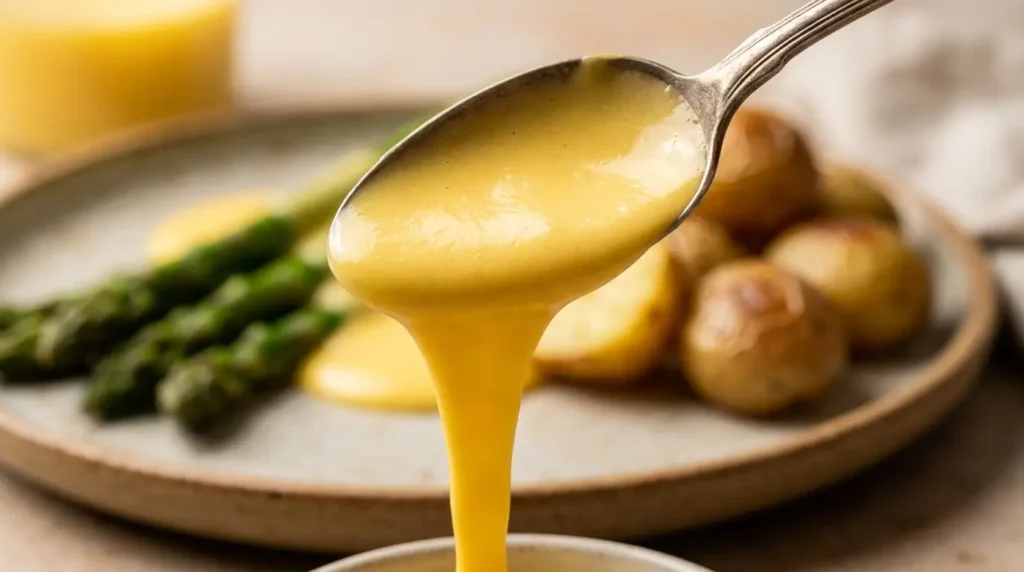 Schnelle Sauce Hollandaise mit Stabmixer cremig serviert zu Spargel