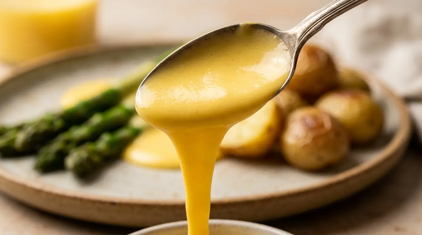 Schnelle Sauce Hollandaise mit Stabmixer cremig serviert zu Spargel