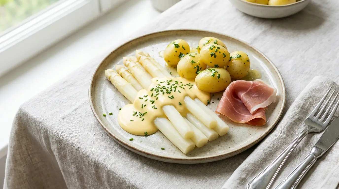 Spargel mit Sauce Hollandaise Kartoffeln und Schinken klassisch serviert