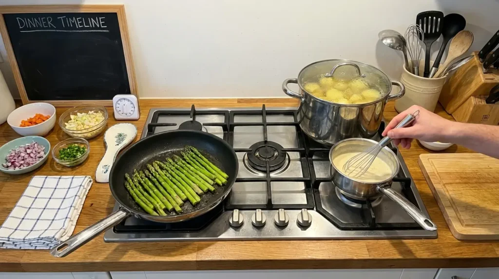 Kochprozess Spargel Kartoffeln und Hollandaise gleichzeitig zubereiten