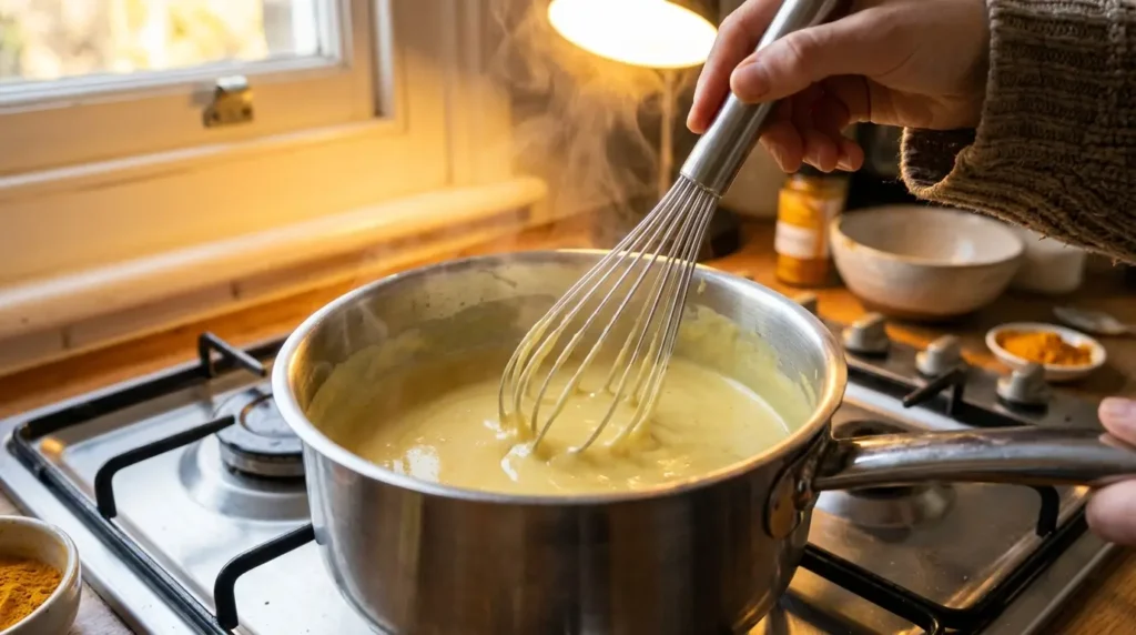 Vegane Hollandaise Zubereitung im Topf mit Schneebesen