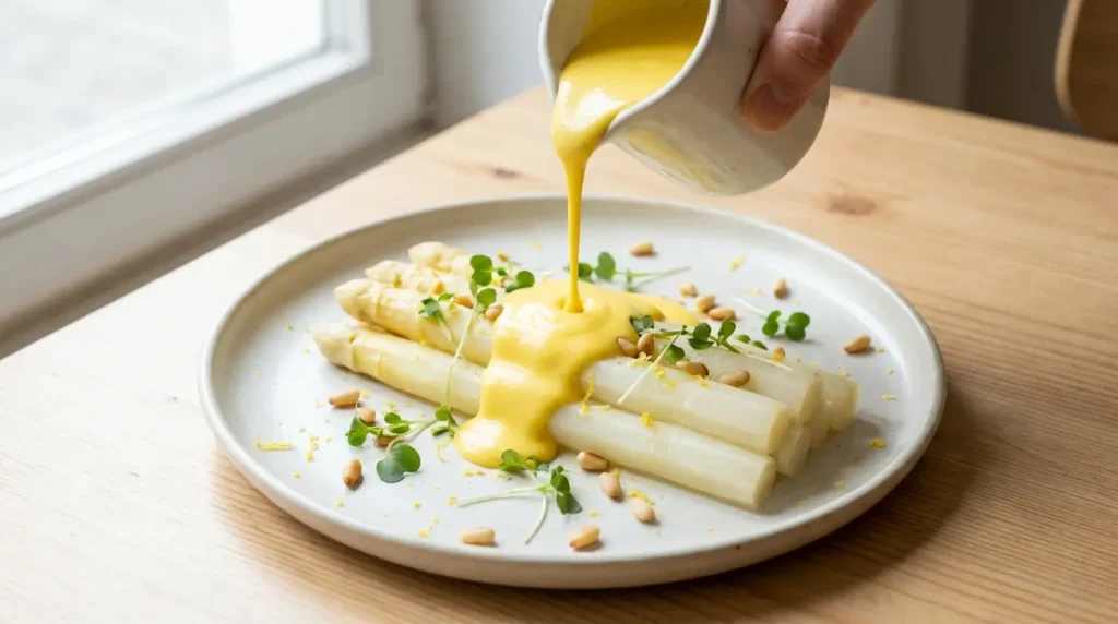 Vegane Sauce Hollandaise cremig über Spargel serviert