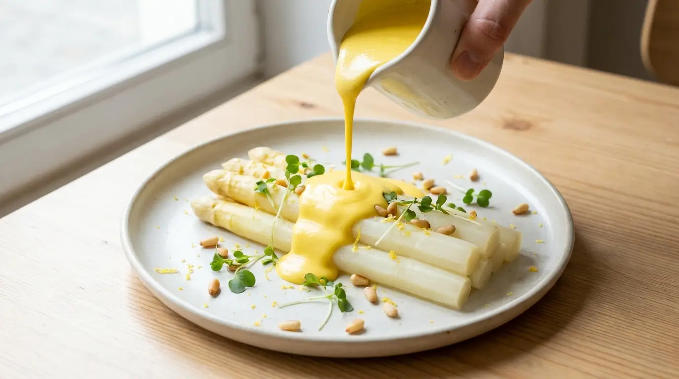 Vegane Sauce Hollandaise cremig über Spargel serviert