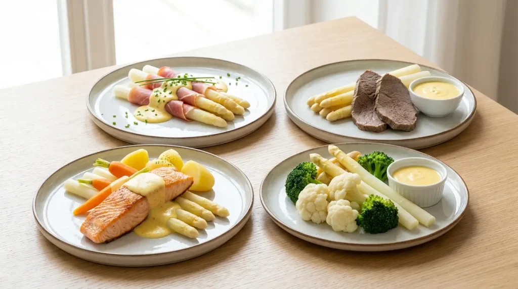 Bozner Sauce serviert mit Spargel Lachs Tafelspitz und Gemüse