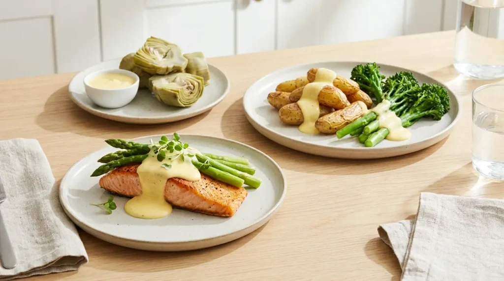 Hollandaise ohne Ei serviert mit Spargel Fisch und Gemüse