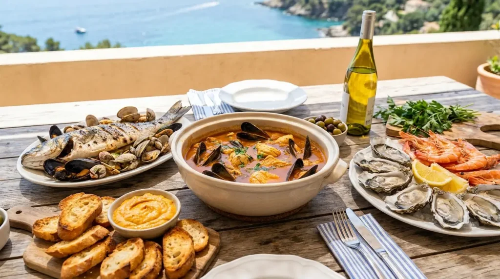 Gerichte mit Sauce Rouille Bouillabaisse Fisch Baguette