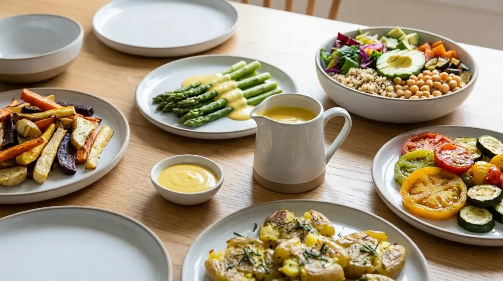 Vegane Hollandaise serviert mit Spargel Gemüse und Bowl