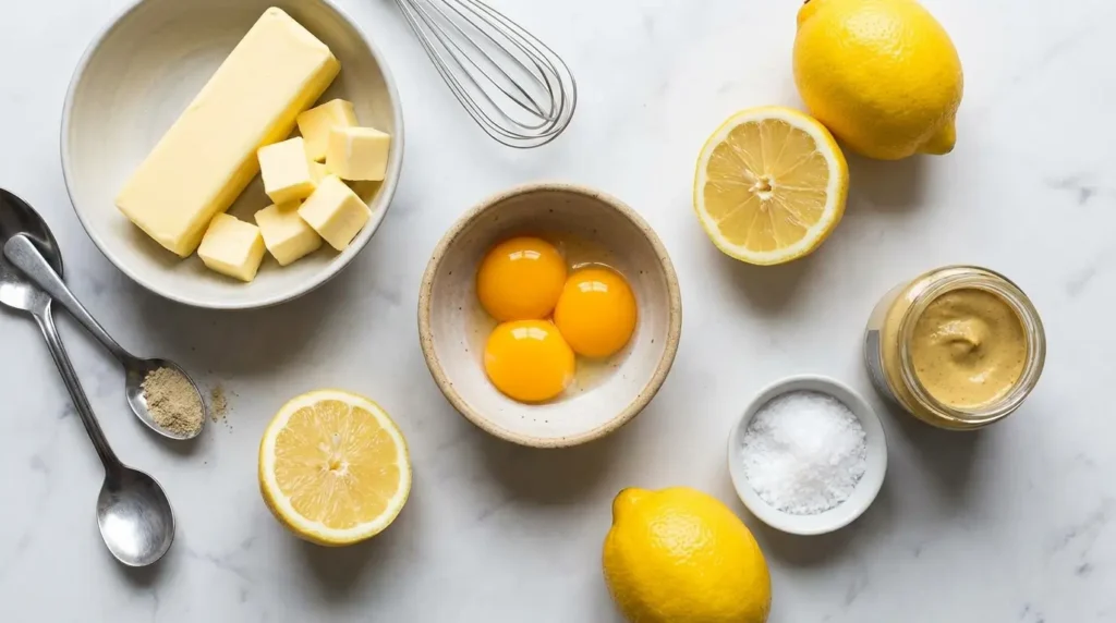 Zutaten für Sauce Hollandaise Butter Eigelb Zitrone Senf übersichtlich
