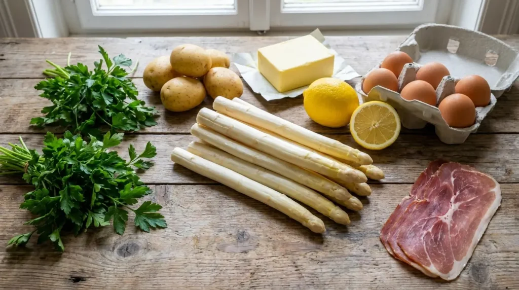 Zutaten für Spargel mit Sauce Hollandaise Spargel Kartoffeln Eier Butter
