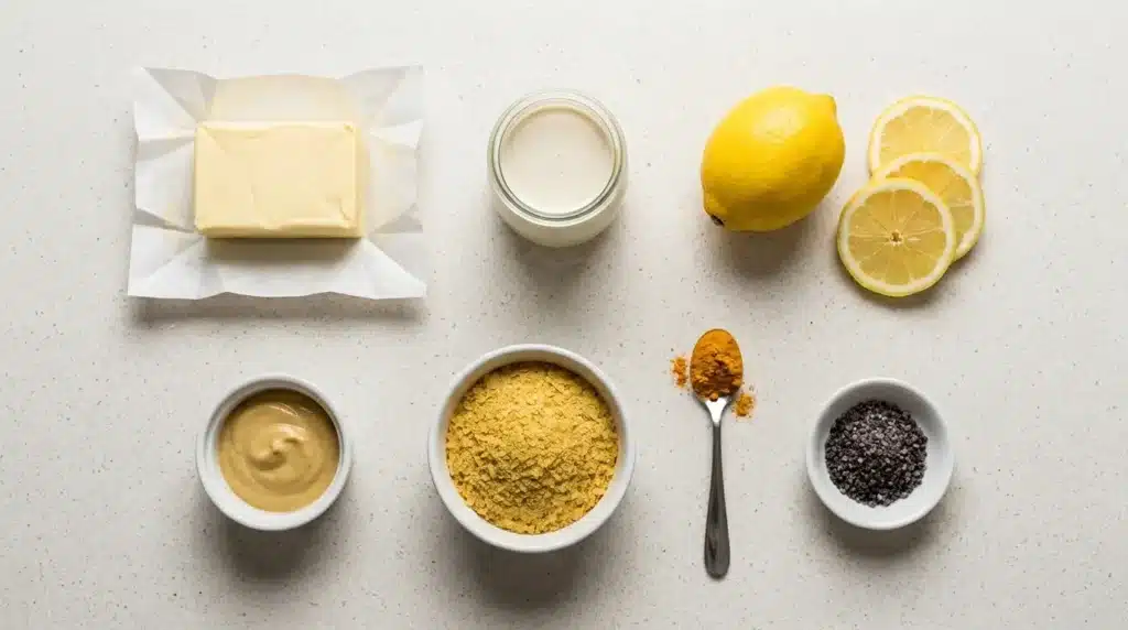 Zutaten für vegane Hollandaise pflanzliche Butter Sojasahne Kala Namak