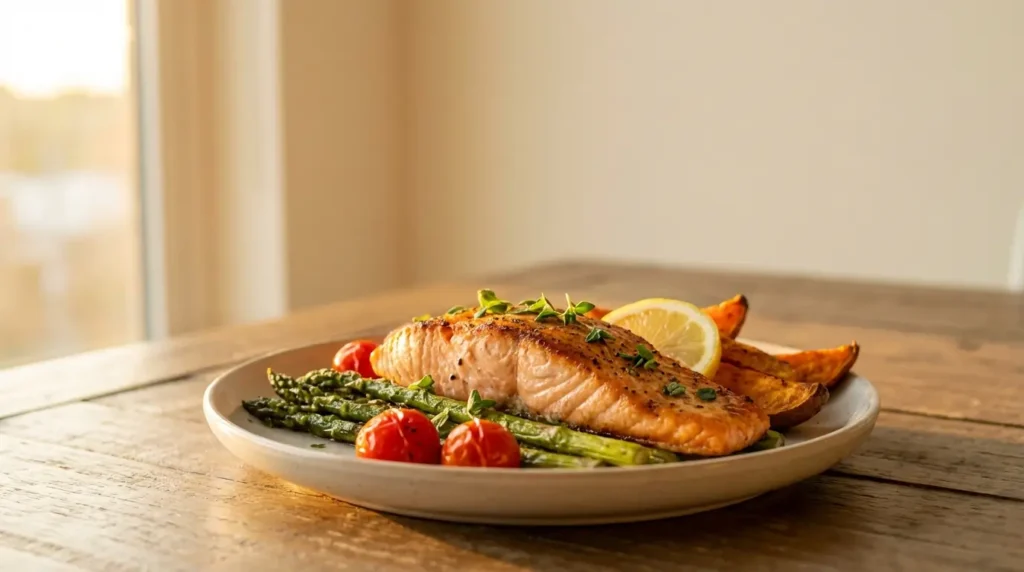 healthy dinner for weight loss salmon with roasted vegetables