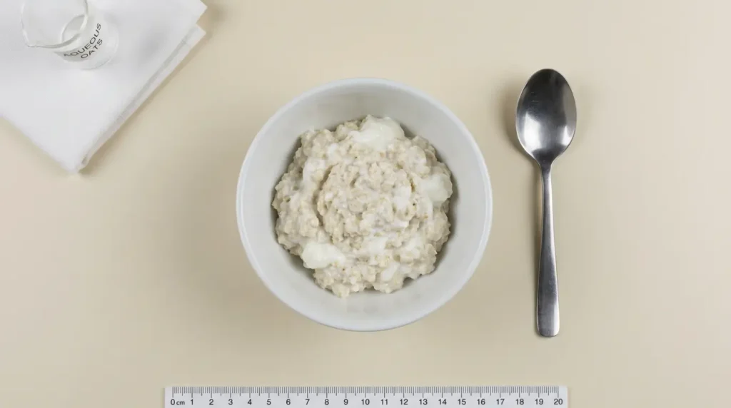 Kleine Portion feiner Haferflocken mit Skyr in einem kleinen weißen Schälchen
