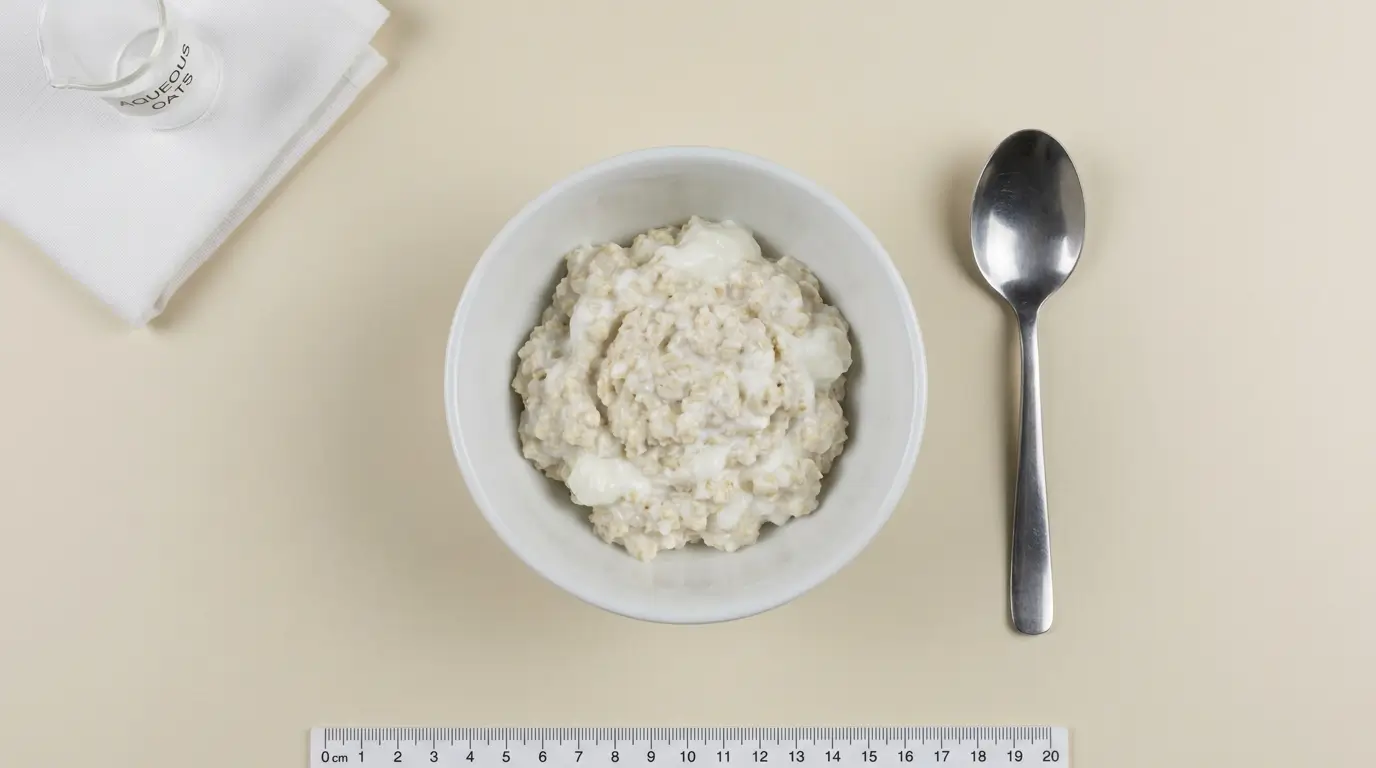 Kleine Portion feiner Haferflocken mit Skyr in einem kleinen weißen Schälchen