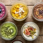 Fünf kleine Gläser mit verschiedenen bariatrischen Haferflocken Rezepten in einer Reihe