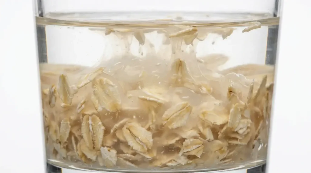 Haferflocken quellen in Wasser auf, Nahaufnahme Beta-Glucan Gel