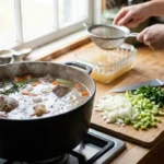 preparing homemade meat aspic with broth meat and vegetables