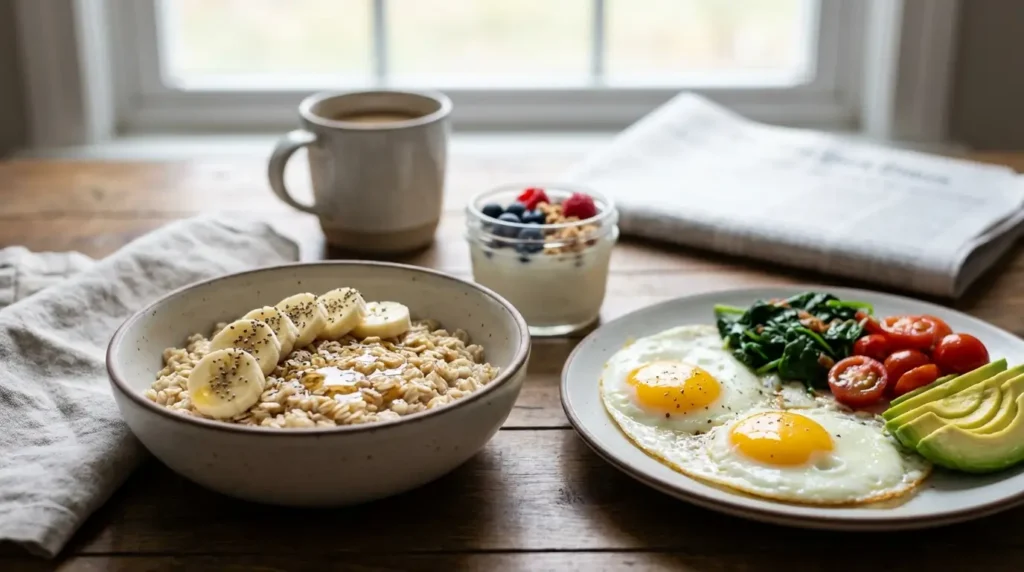 healthy breakfast for weight loss with oats eggs and yogurt