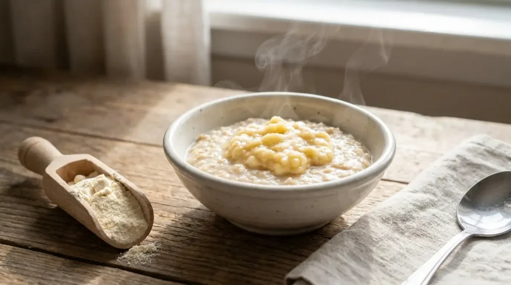Warmer Haferbrei mit Proteinpulver in kleiner Schüssel mit Banane