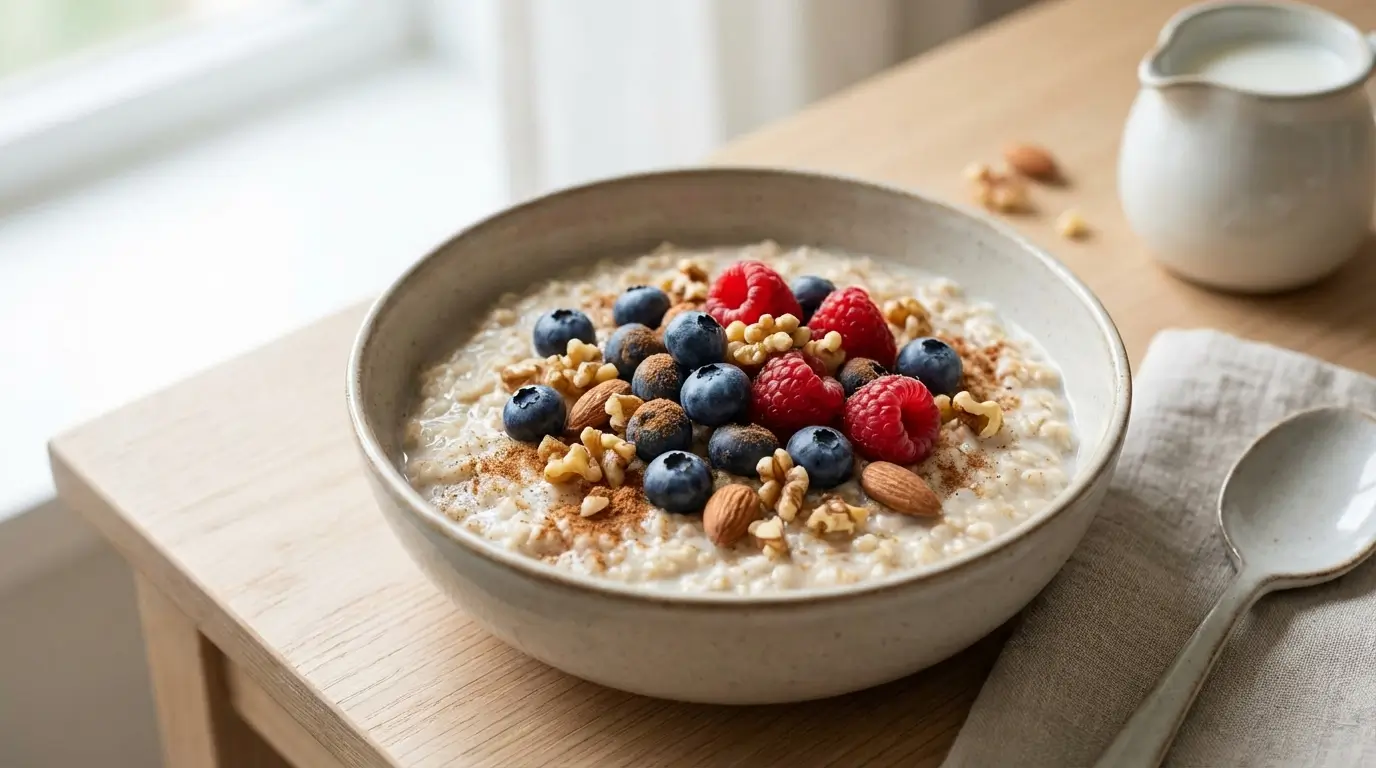 healthy oatmeal bowl for weight loss with berries and cinnamon