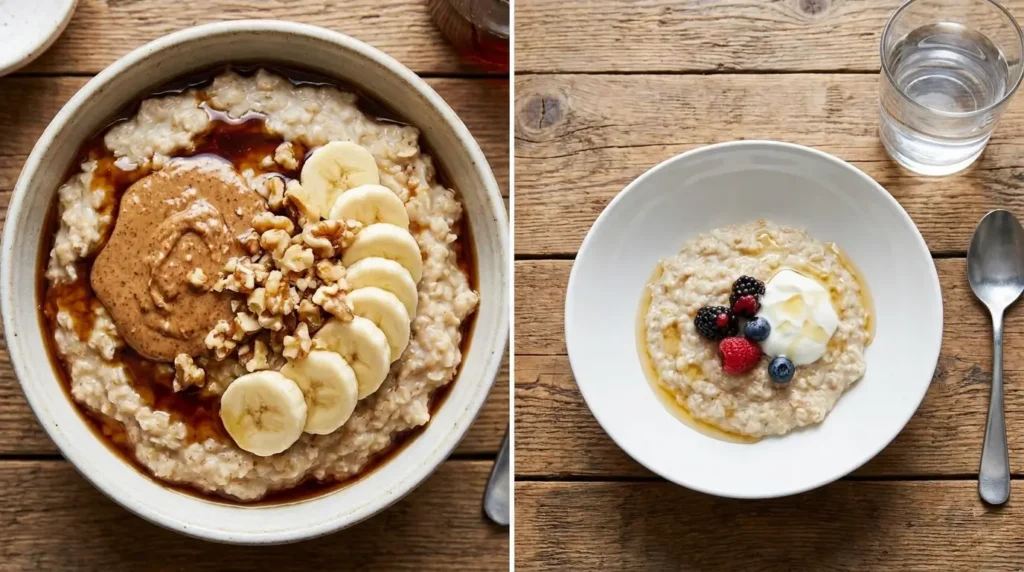 Überfüllte Haferflocken Bowl mit zu vielen Toppings Honig Nussbutter Banane