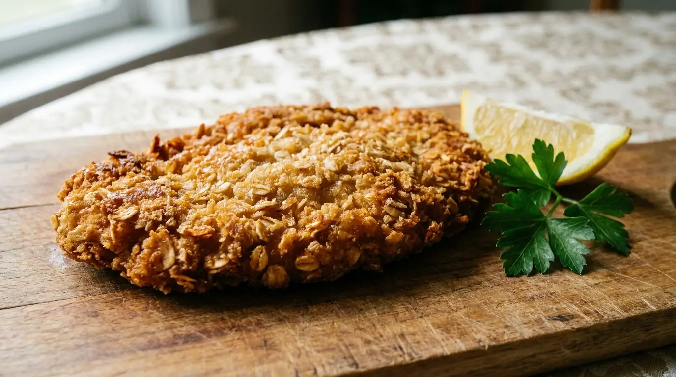 Knuspriges Haferflocken Schnitzel auf Holzbrett mit Zitronenspalte Petersilie