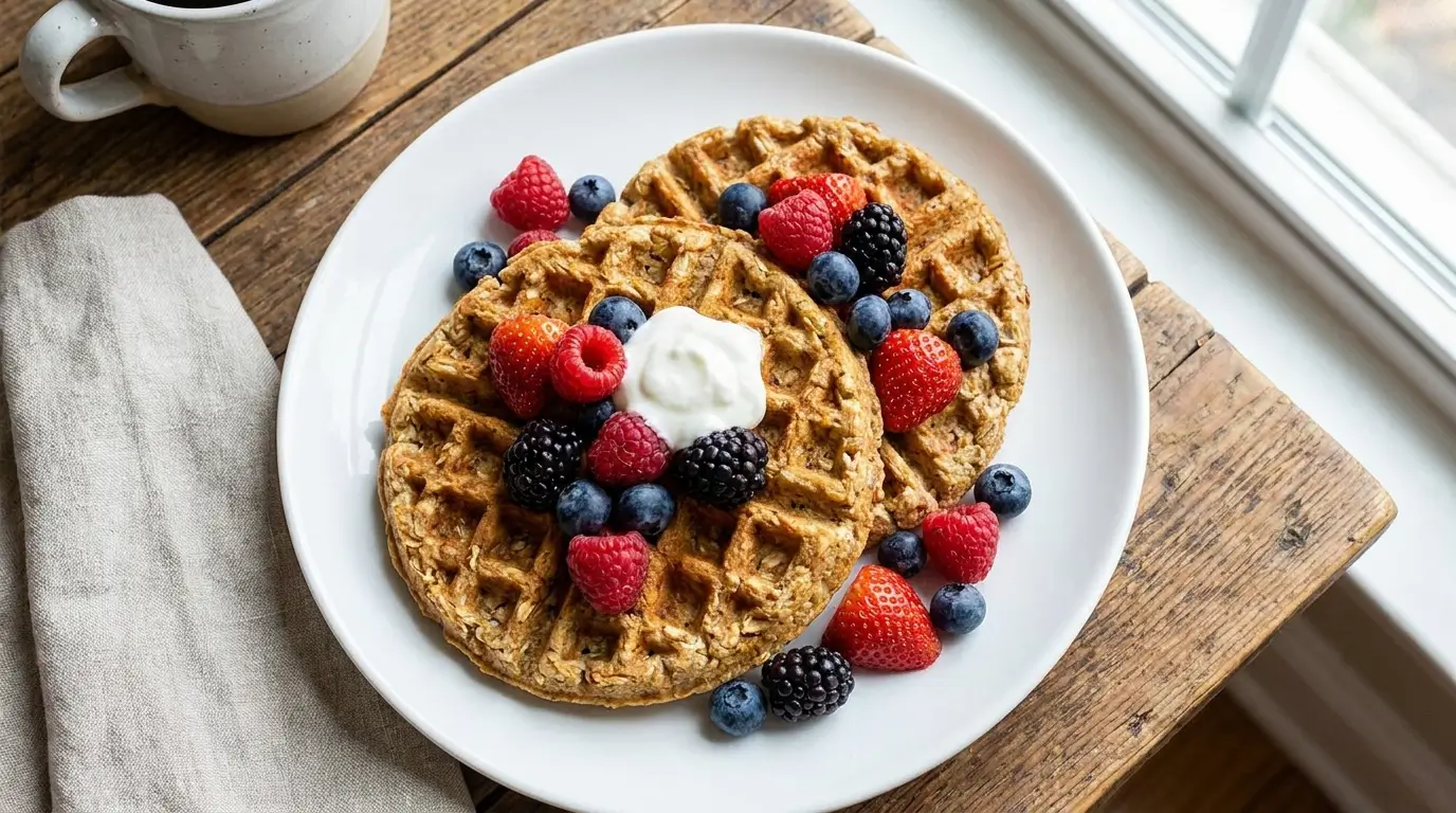 Knusprige Haferflocken Waffeln auf weißem Teller mit frischen Beeren