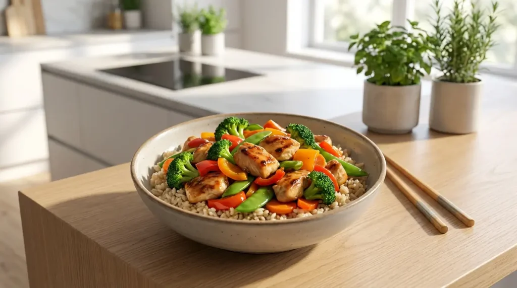 healthy lunch for weight loss chicken vegetable bowl with rice