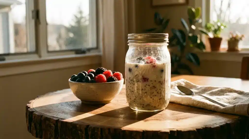 Overnight Oats im Glas abends vorbereitet mit Beeren und Milch