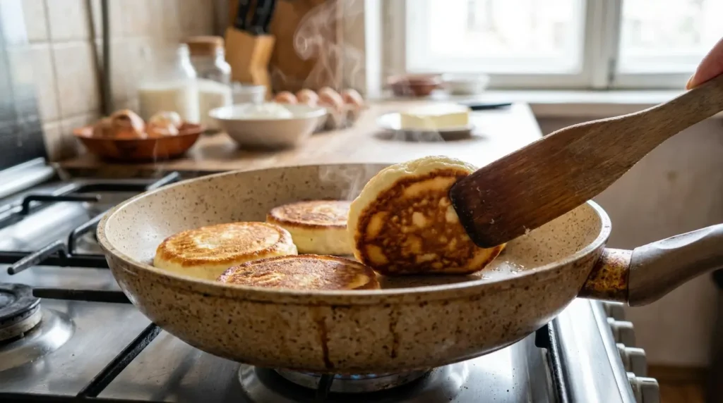 Quarktaler in der Pfanne goldbraun braten Deckel Holzspatel