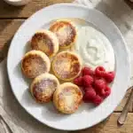 Goldbraune Quarktaler auf einem Teller mit Joghurt und frischen Beeren