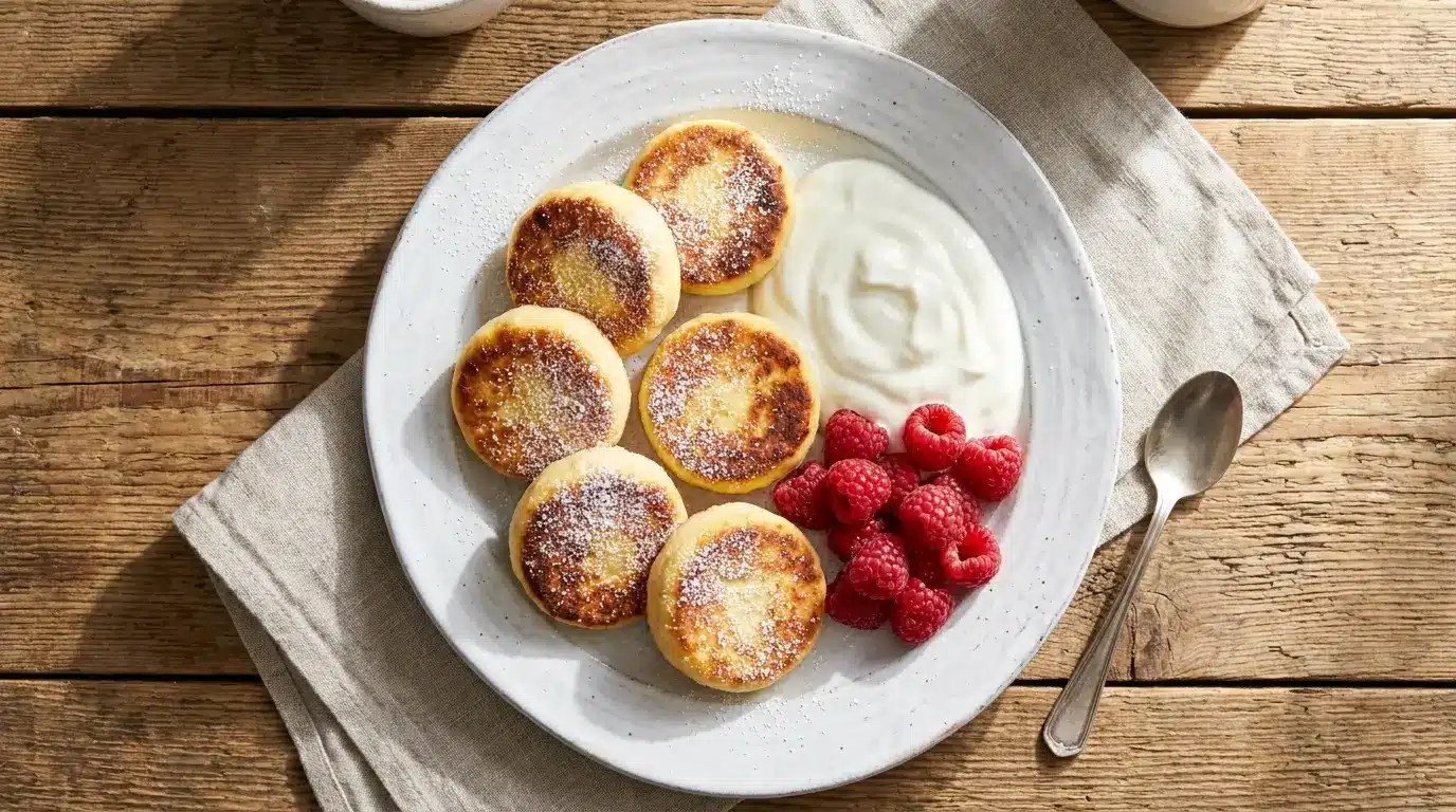 Goldbraune Quarktaler auf einem Teller mit Joghurt und frischen Beeren