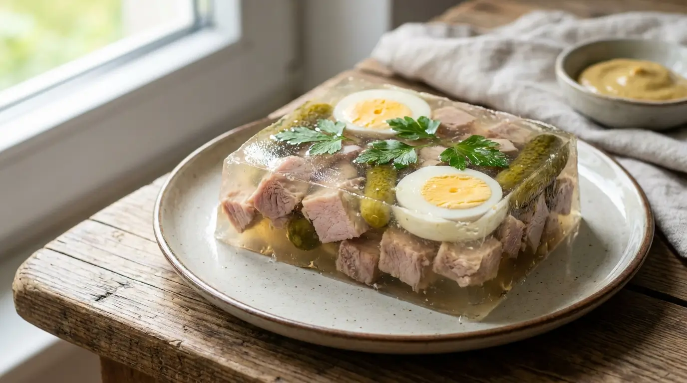 traditional German Sülze recipe with meat aspic eggs and pickles