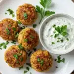 Vegetarische Haferflocken Frikadellen auf weißem Teller mit Joghurt Kräuter Dip