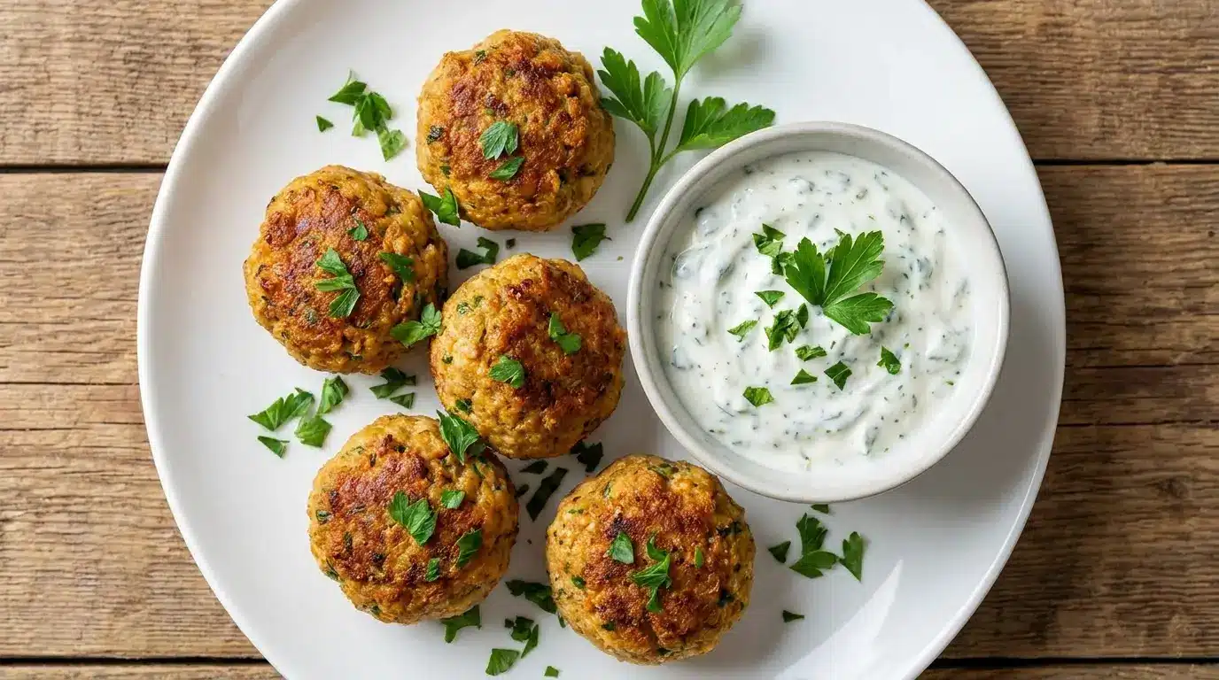 Vegetarische Haferflocken Frikadellen auf weißem Teller mit Joghurt Kräuter Dip