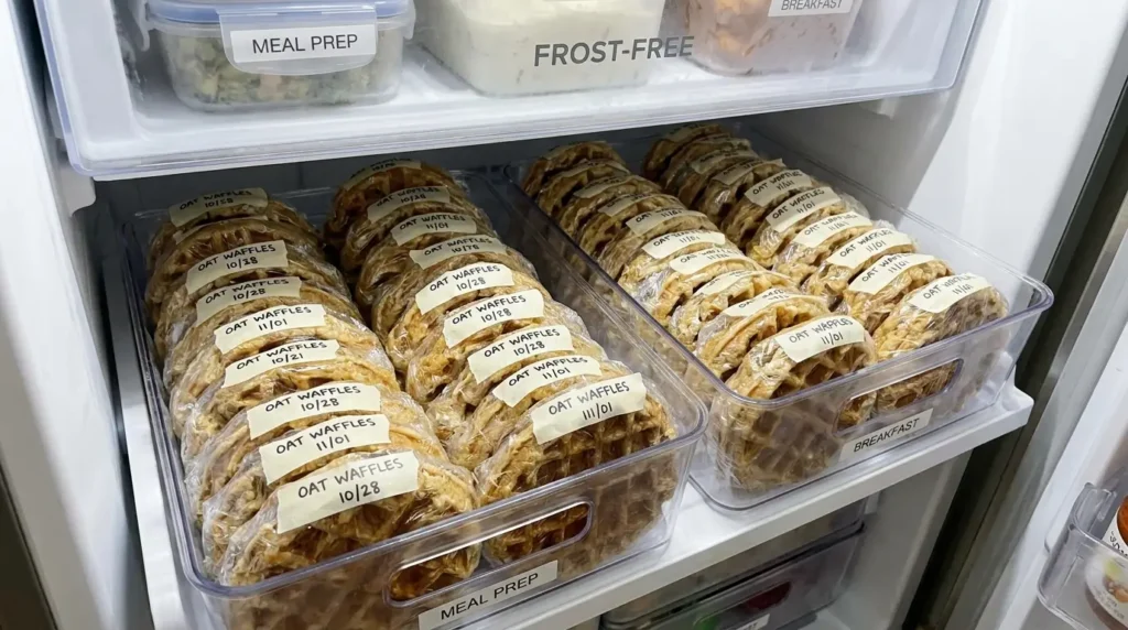 Haferwaffeln einzeln eingewickelt im Gefrierfach Meal Prep Frischhaltefolie