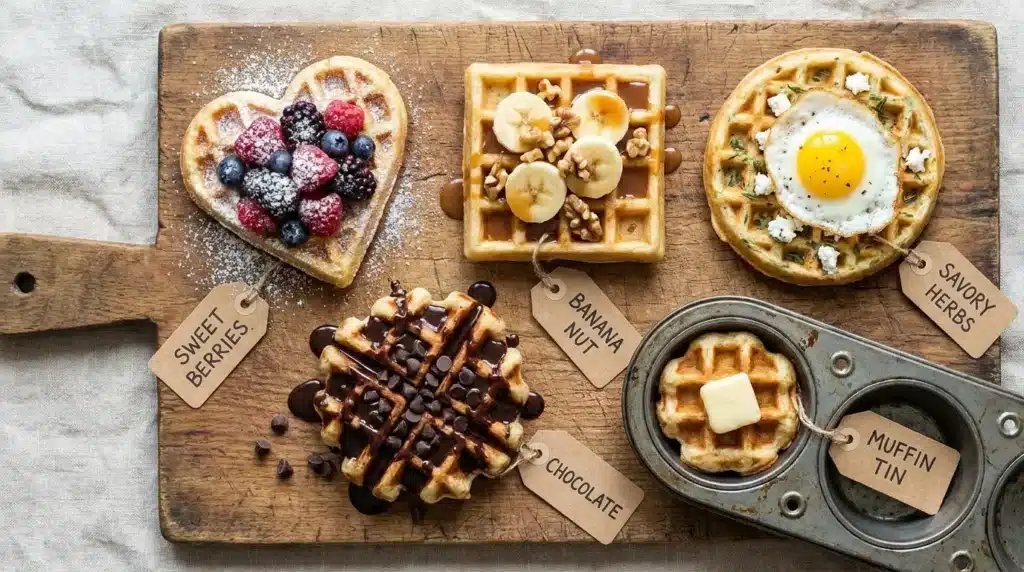 Fünf Waffel Varianten süß herzhaft Schokolade Banane auf einem Holzbrett