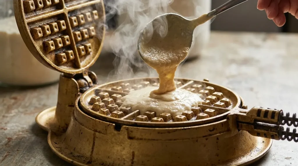 Haferflocken Teig wird in heißes Waffeleisen gegeben Dampf aufsteigend