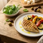 Gesundes Abendessen zum Abnehmen – gegrillte Hähnchenbrust mit Ofengemüse auf weißem Teller