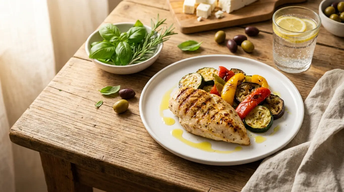 Gesundes Abendessen zum Abnehmen – gegrillte Hähnchenbrust mit Ofengemüse auf weißem Teller