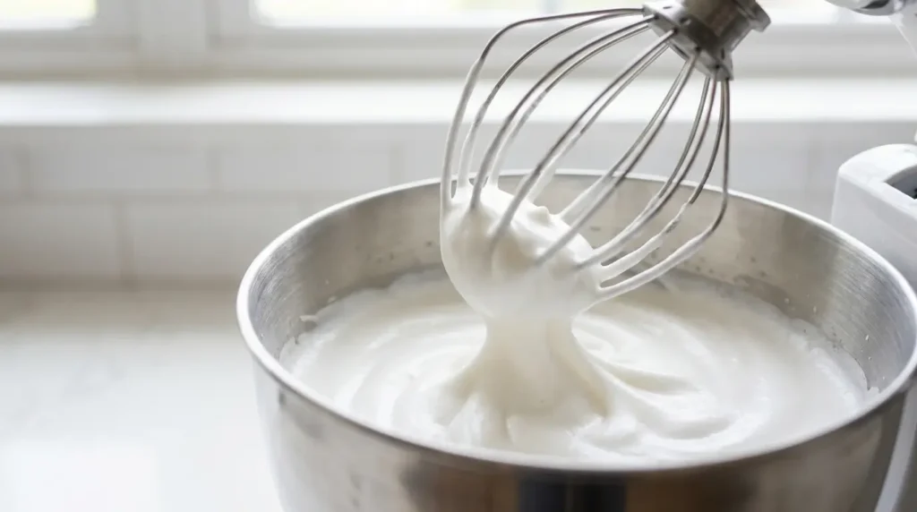 Aquafaba-Schnee steif geschlagen in der Küchenmaschine – Basis für vegane Marshmallows ohne Gelatine