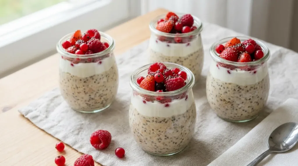 Drei Gläser mit bariatrischen Overnight Oats als Meal-Prep vorbereitet – mit Joghurt und Beeren