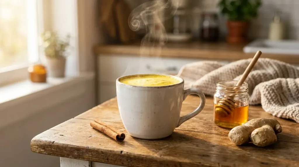 Goldene Milch mit Ceylon-Zimt, Ingwer und Honig als gesundes Morgengetränk