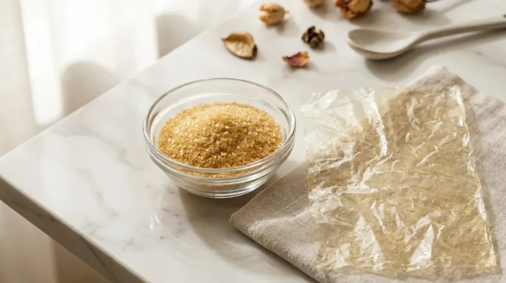 E428 Gelatine als Blattgelatine und Pulver auf Marmor