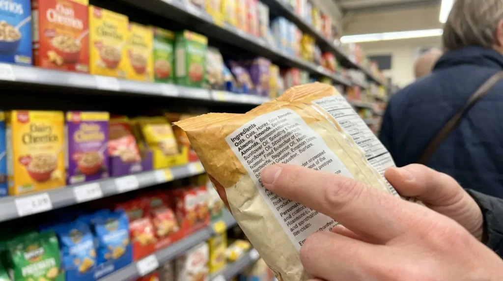 Verbraucher liest Zutatenliste im Supermarkt auf E428 Gelatine